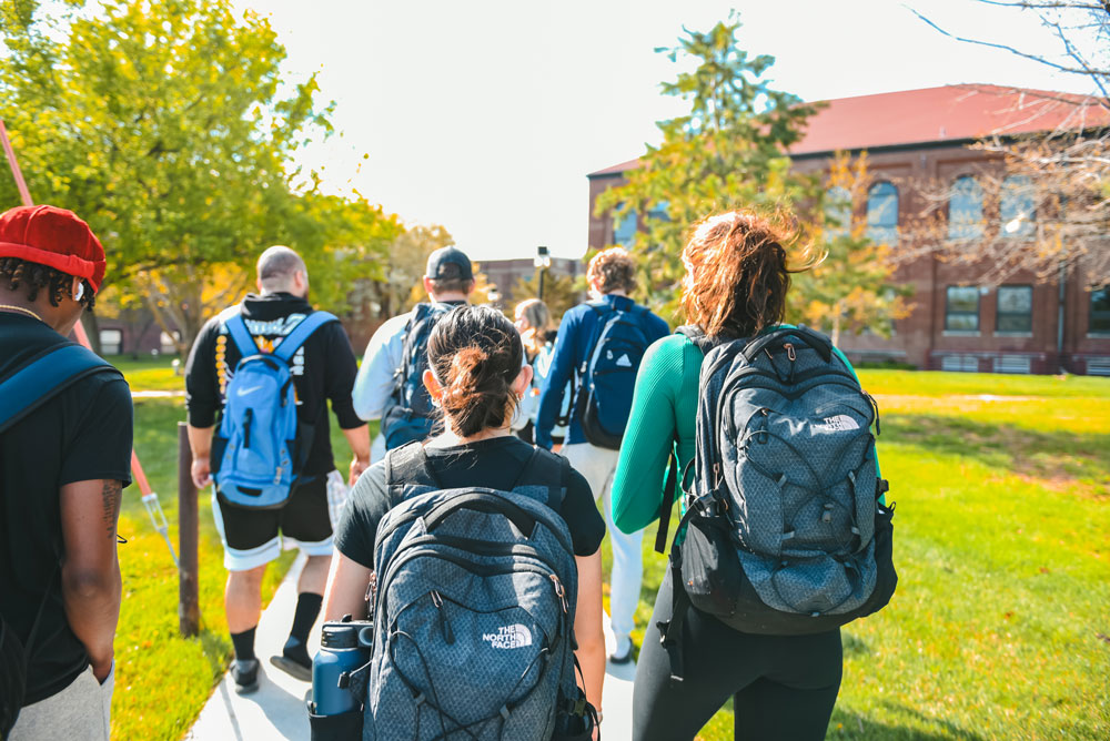 Students walking across campus